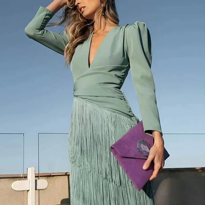 Fringe Detail Maxi Dress – Elegant Statement Occasion Dress for Women