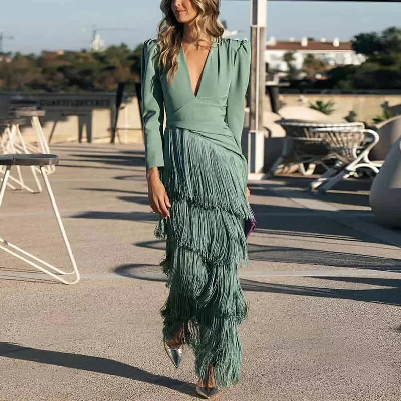 Fringe Detail Maxi Dress – Elegant Statement Occasion Dress for Women