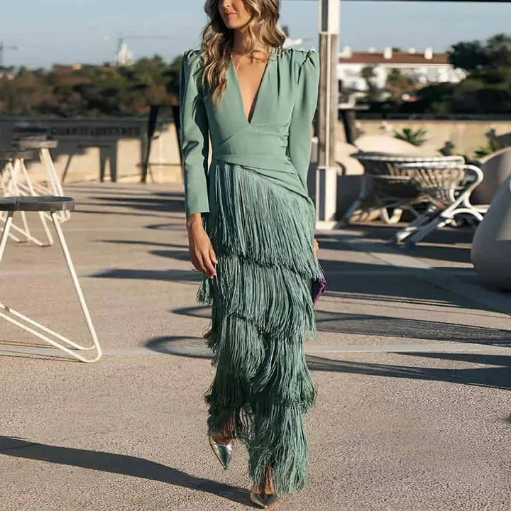 Fringe Detail Maxi Dress – Elegant Statement Occasion Dress for Women