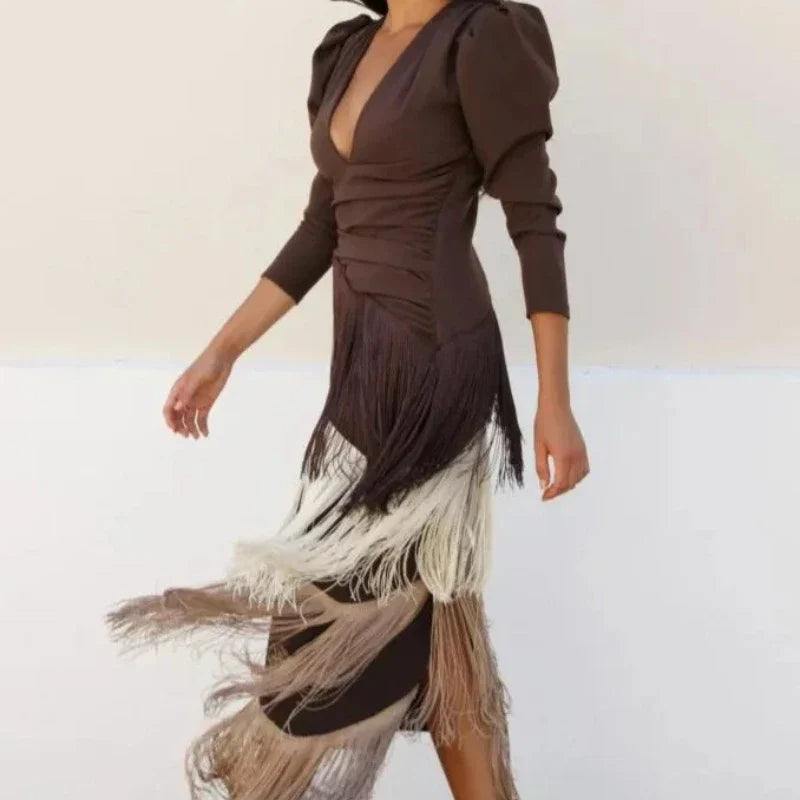 Fringe Detail Maxi Dress – Elegant Statement Occasion Dress for Women