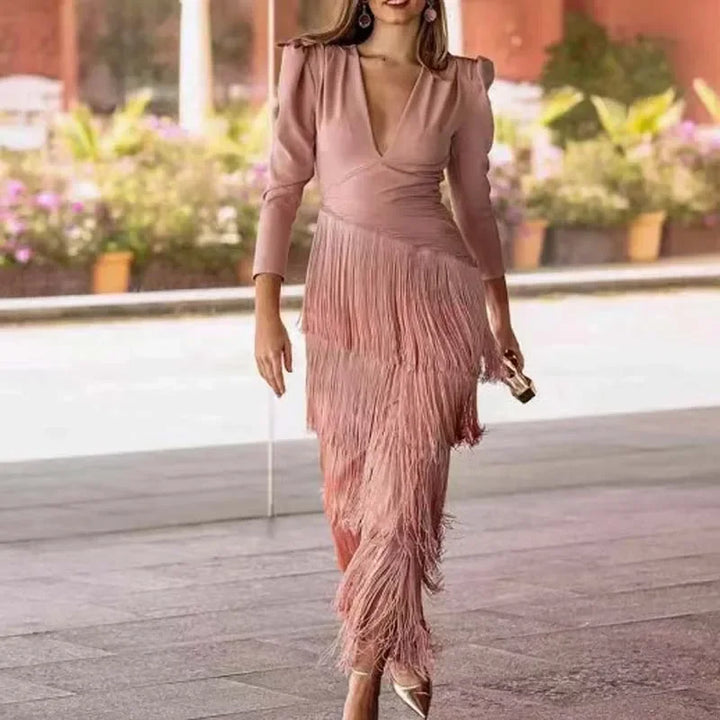 Fringe Detail Maxi Dress – Elegant Statement Occasion Dress for Women
