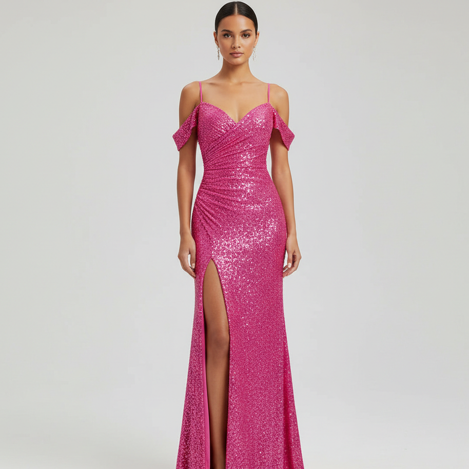 Off-Shoulder Sequined Formal Evening Gown Maxi Dress