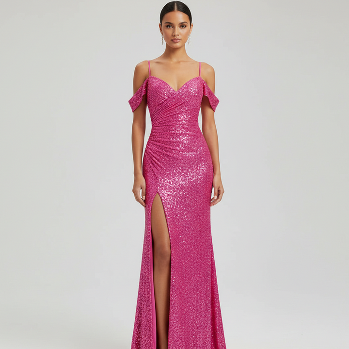 Off-Shoulder Sequined Formal Evening Gown Maxi Dress