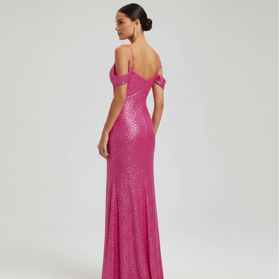 Off-Shoulder Sequined Formal Evening Gown Maxi Dress