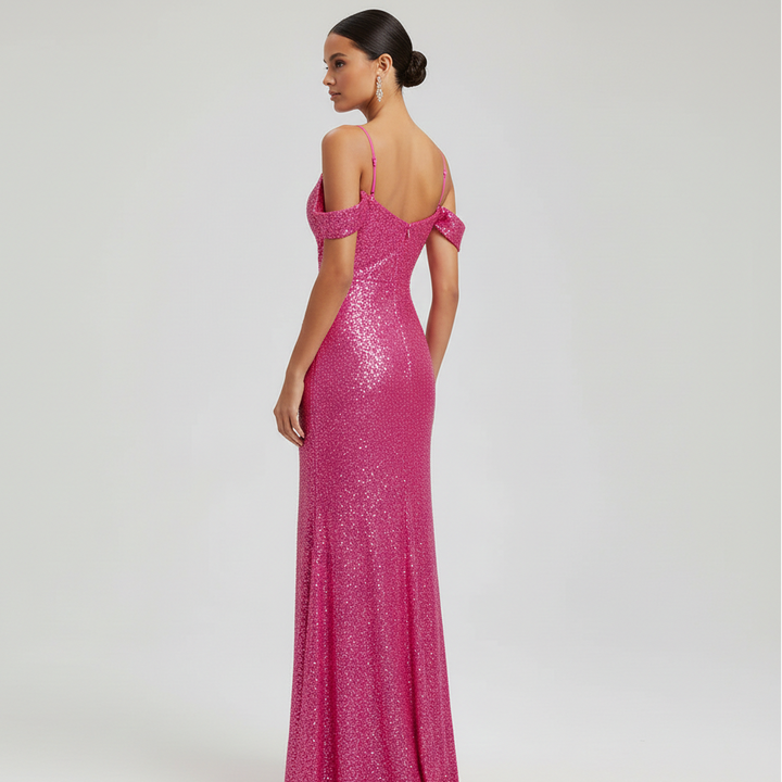 Off-Shoulder Sequined Formal Evening Gown Maxi Dress