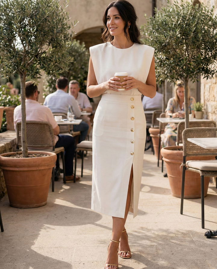 Elegant Midi Dress with Button Detail and Side Slit
