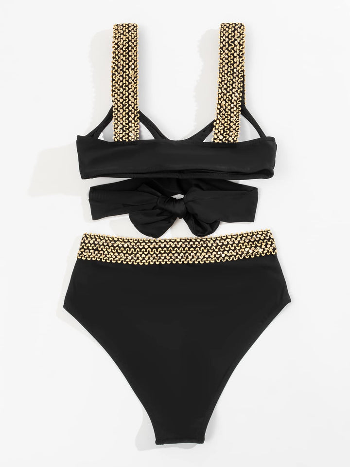 Elegant Golden Cross Straps High-Waisted Bikini