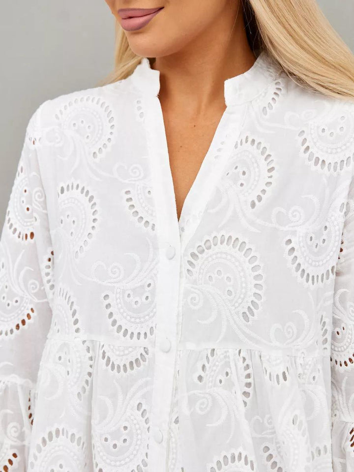 Cotton Crochet White Dress with Flare Sleeves