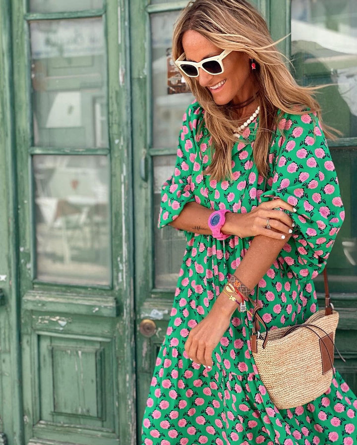 Women's Spring Dress |  V-neck Repeating Patterned Design
