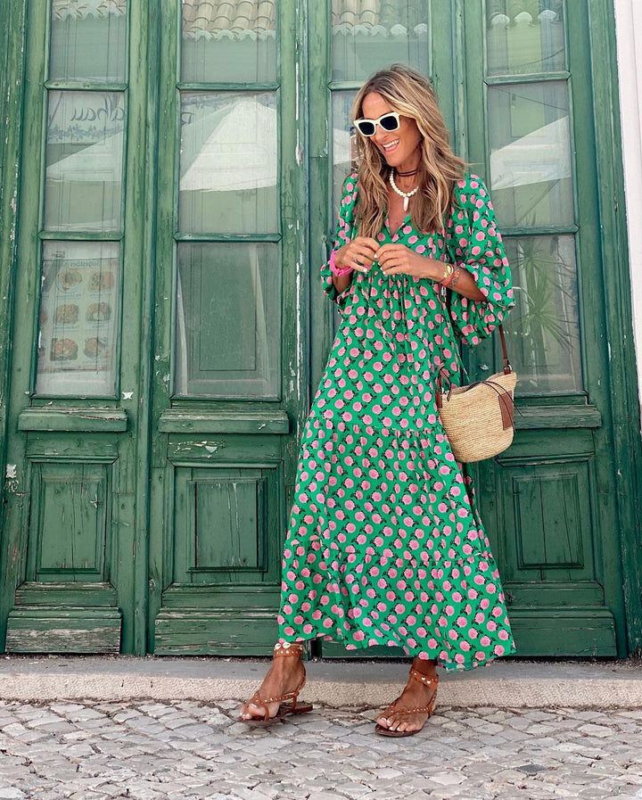 Women's Spring Dress |  V-neck Repeating Patterned Design