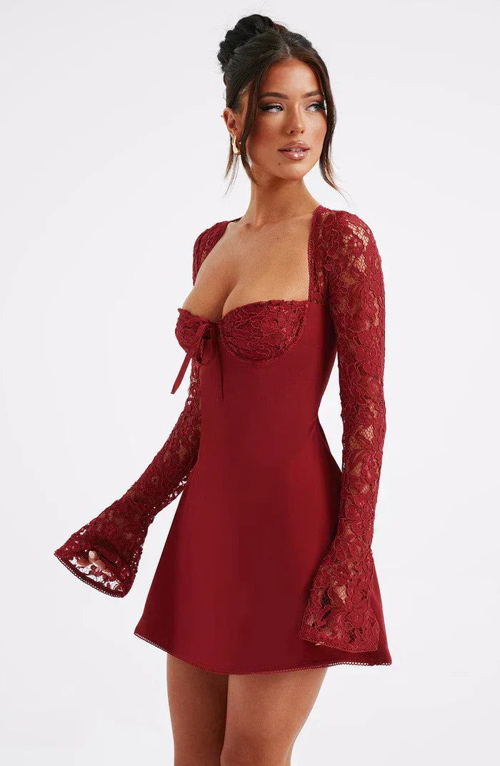 Red Lace Up Party Mini Dress