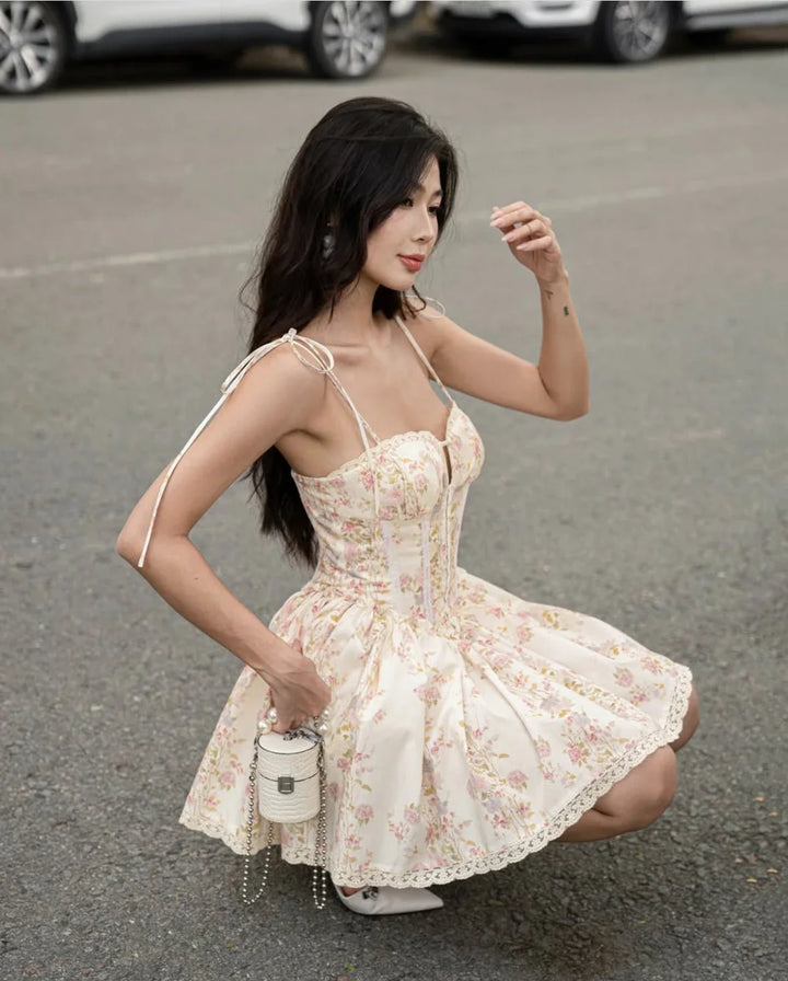 Lace Stitching Tie-Waist Mini Dress