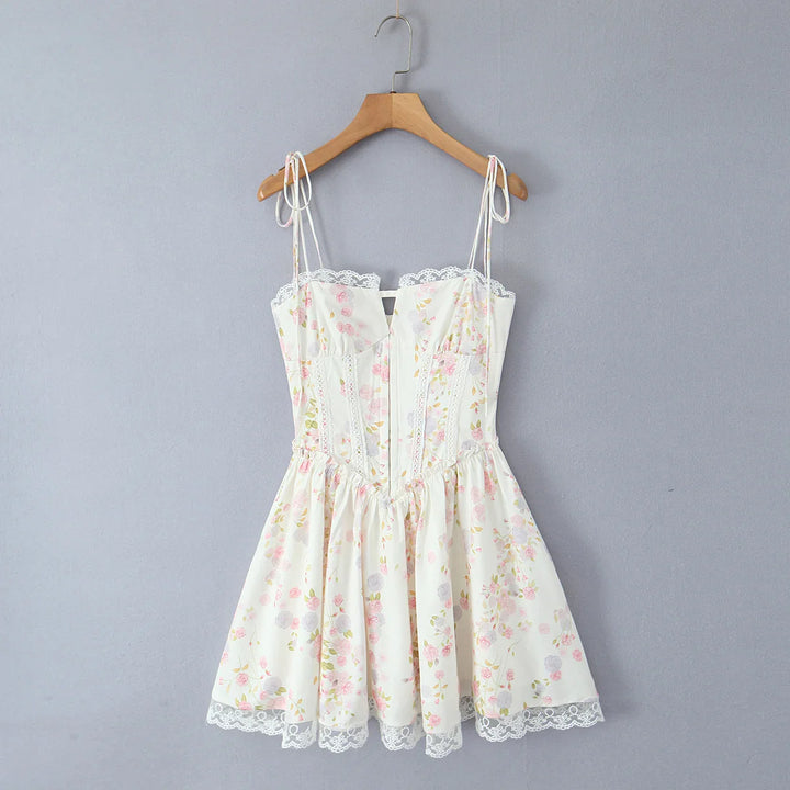 Lace Stitching Tie-Waist Mini Dress