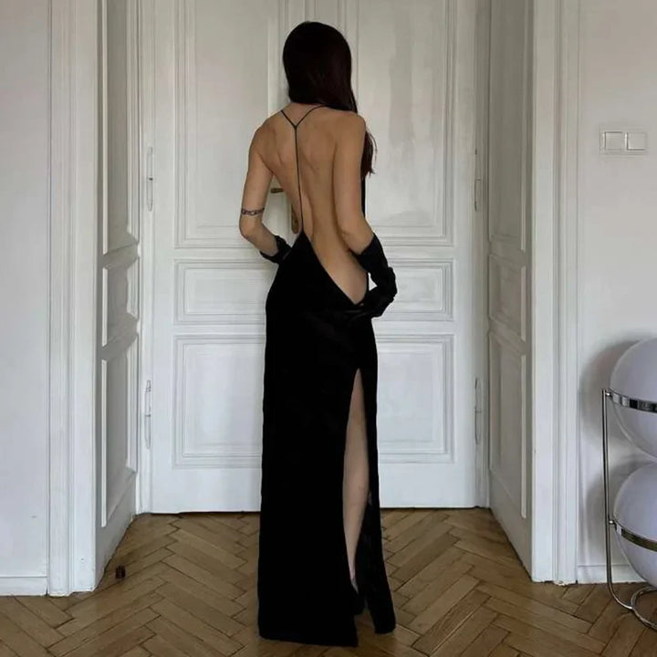 Sheer Mesh Halter Open Back Maxi Dress