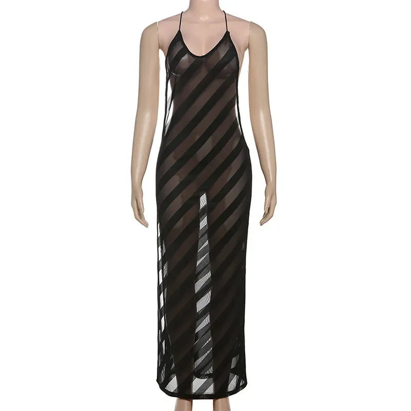 Sheer Mesh Halter Open Back Maxi Dress