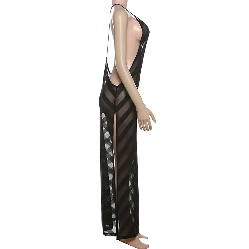 Sheer Mesh Halter Open Back Maxi Dress