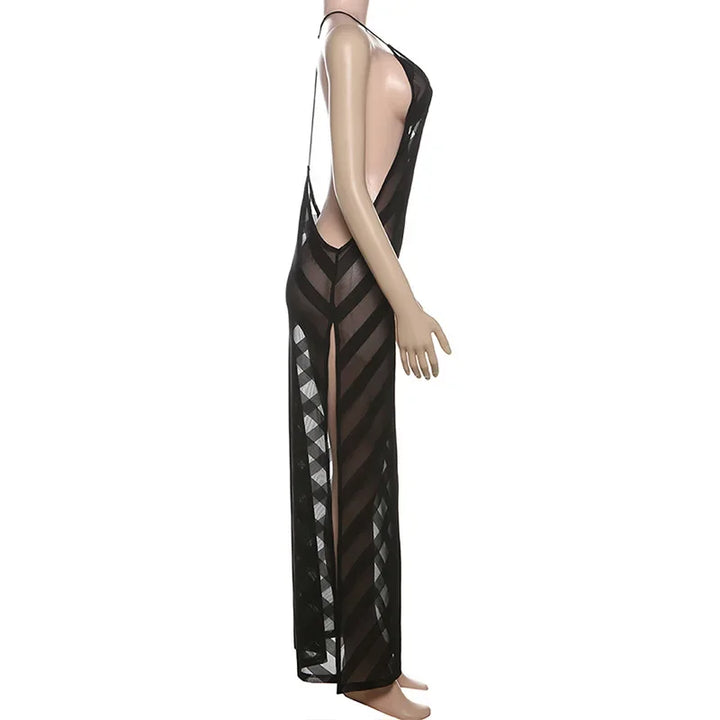 Sheer Mesh Halter Open Back Maxi Dress