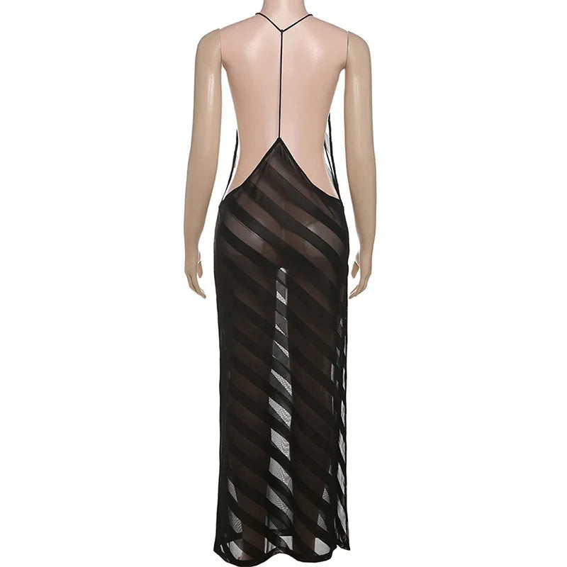 Sheer Mesh Halter Open Back Maxi Dress