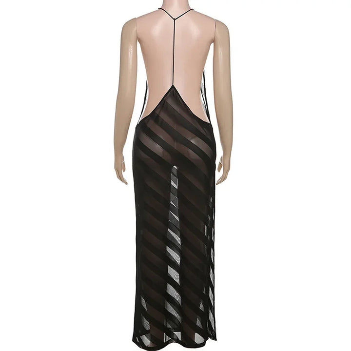 Sheer Mesh Halter Open Back Maxi Dress
