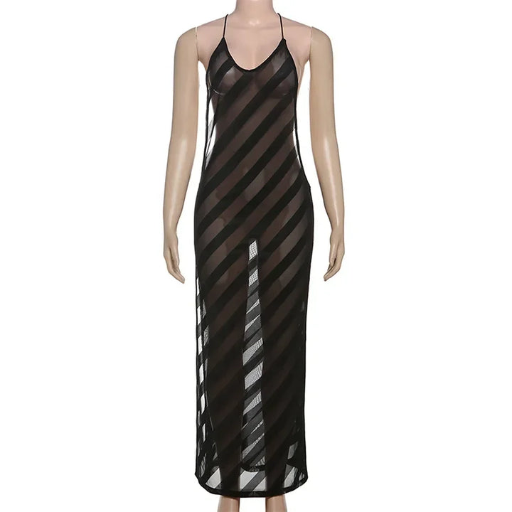 Sheer Mesh Halter Open Back Maxi Dress