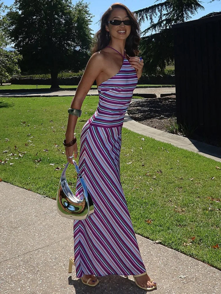Halter Neck Maxi Dress – Striped Evening Silhouette Dress for Women