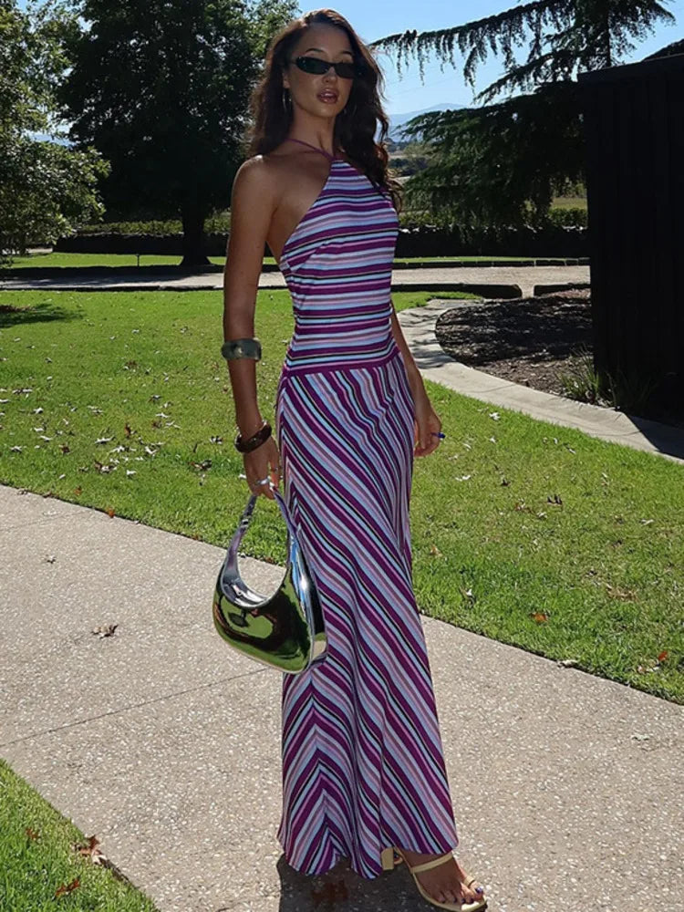 Halter Neck Maxi Dress – Striped Evening Silhouette Dress for Women