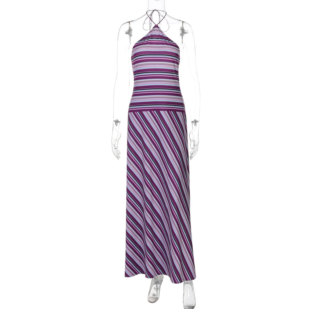 Halter Neck Maxi Dress – Striped Evening Silhouette Dress for Women