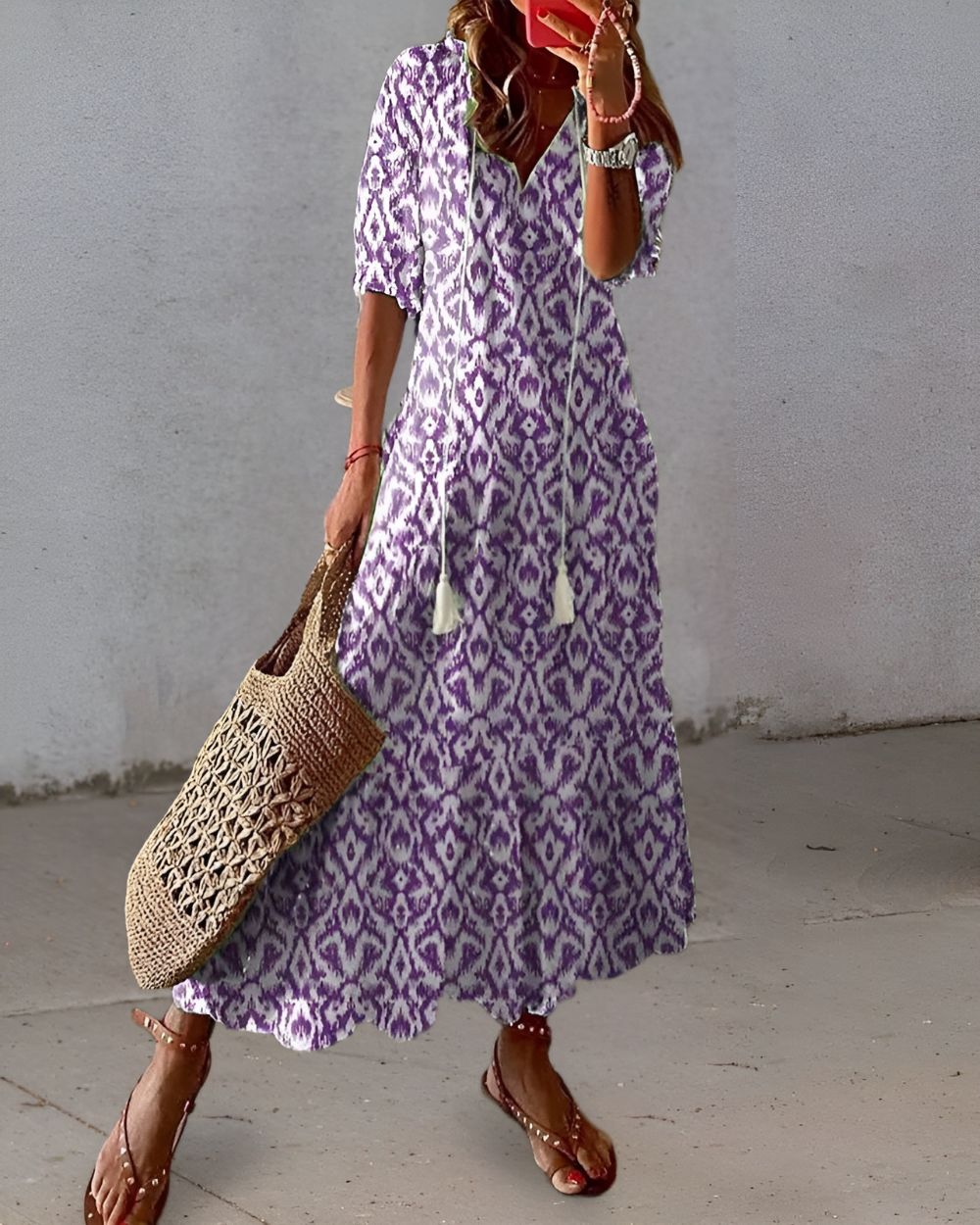 Women's Boho Dress | V-neckline Tassel Tie Front