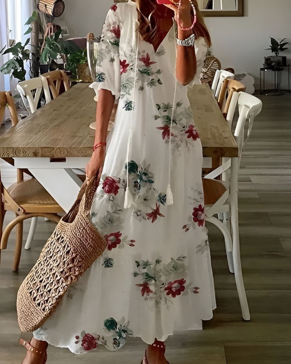 Women's Boho Dress | V-neckline Tassel Tie Front