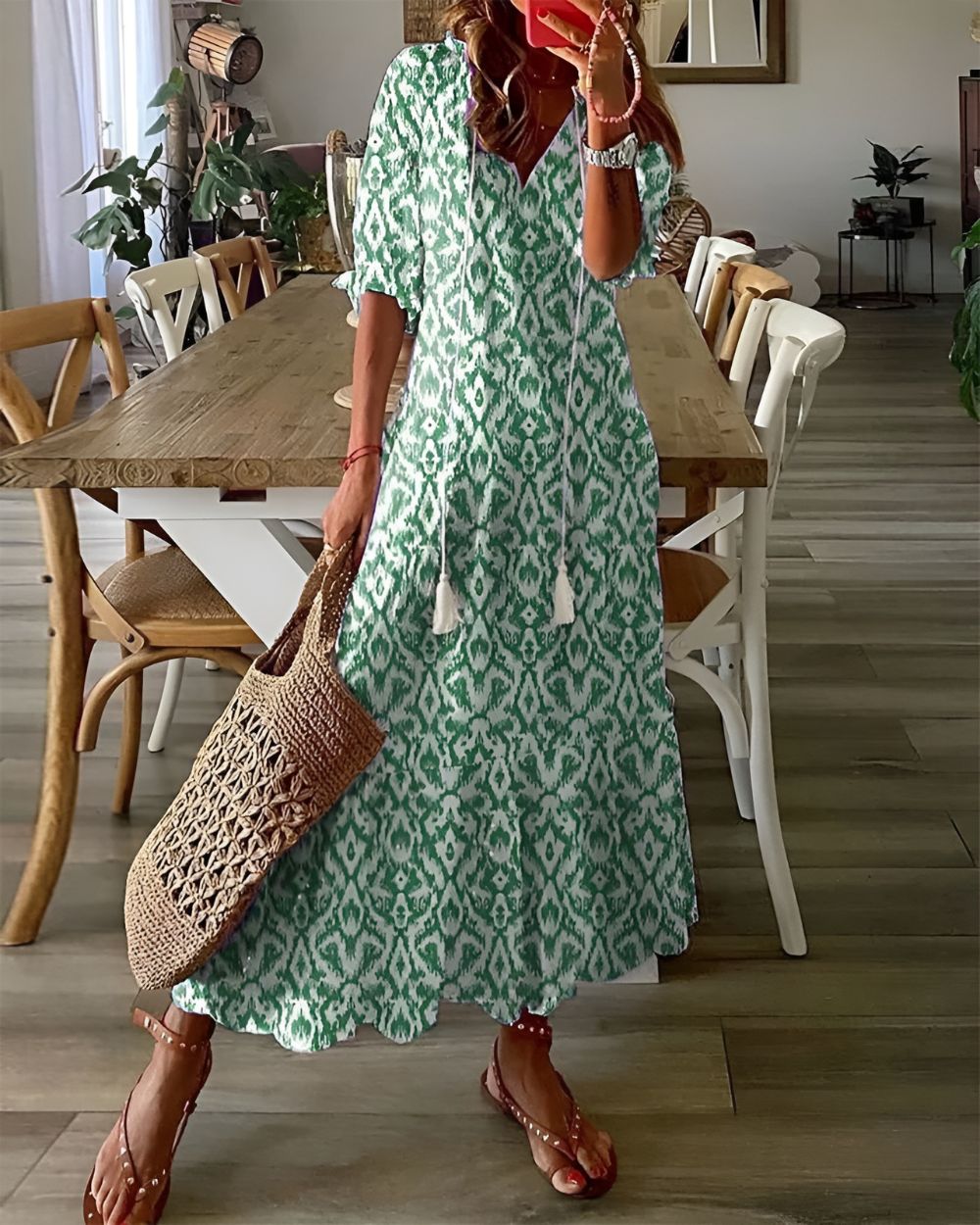 Women's Boho Dress | V-neckline Tassel Tie Front
