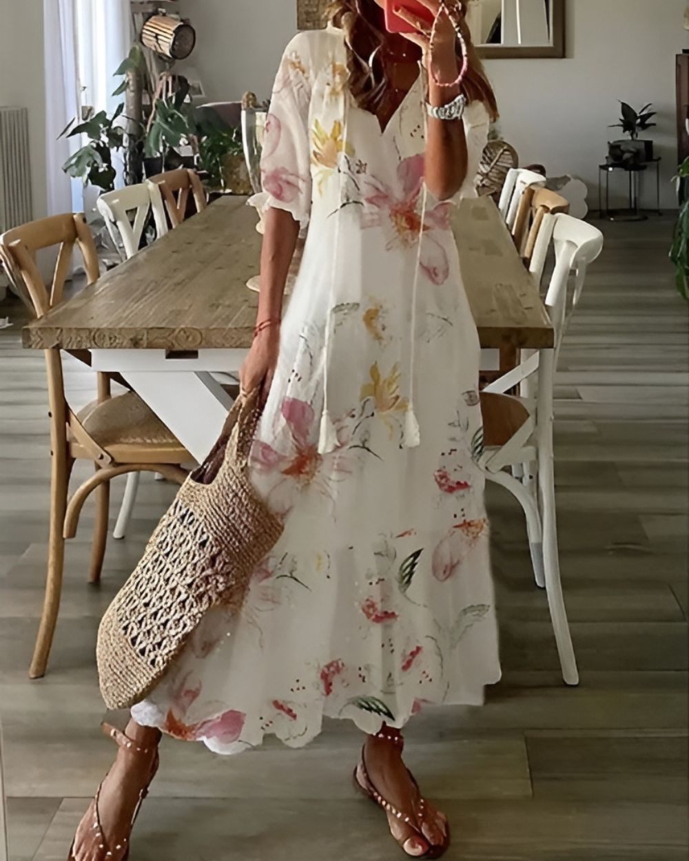 Women's Boho Dress | V-neckline Tassel Tie Front
