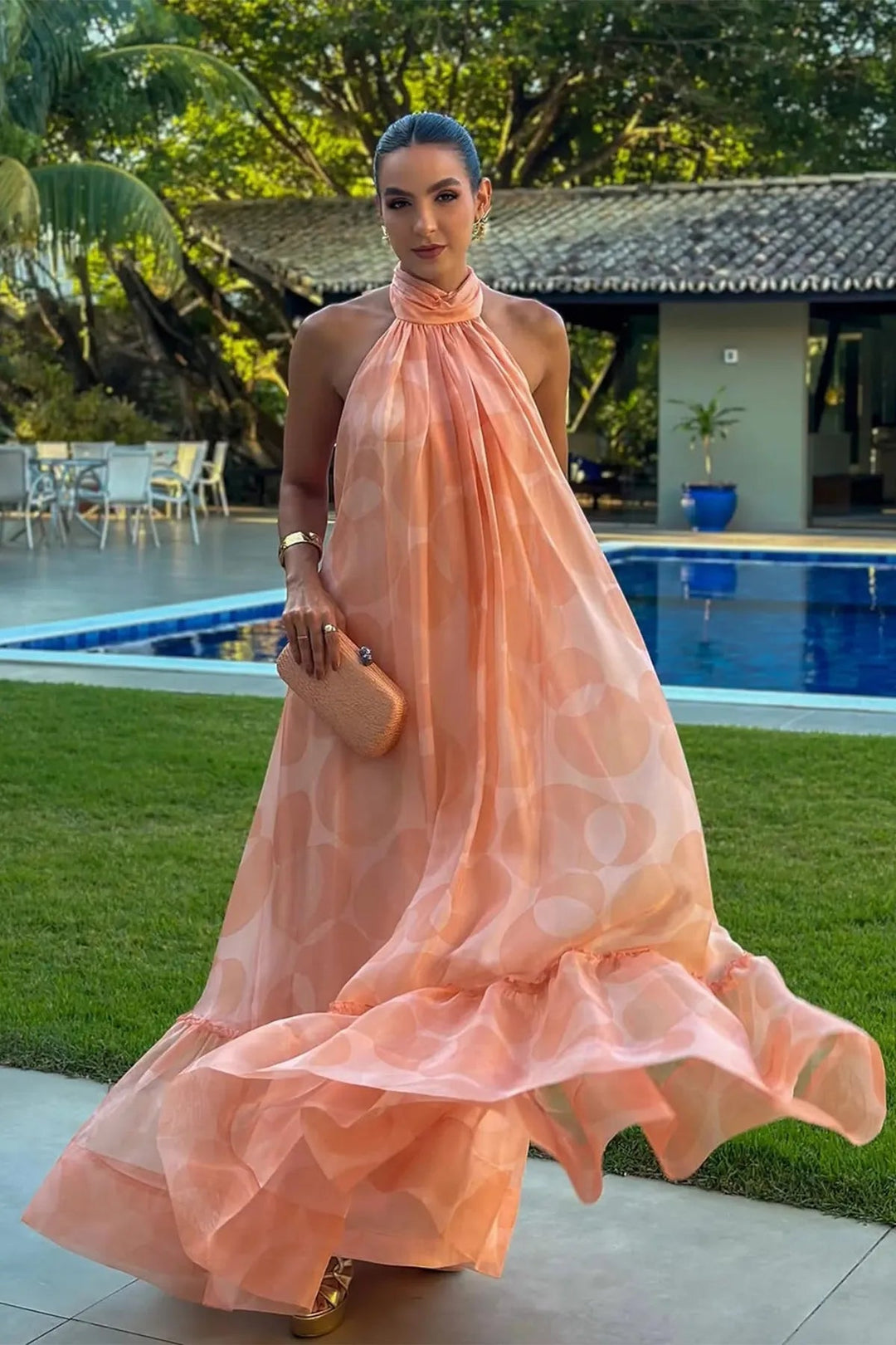 Printed Halter Neck Wedding Guest Maxi Dress
