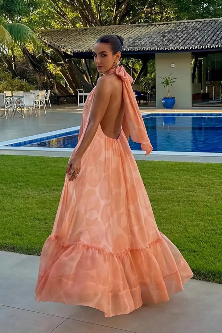 Printed Halter Neck Wedding Guest Maxi Dress