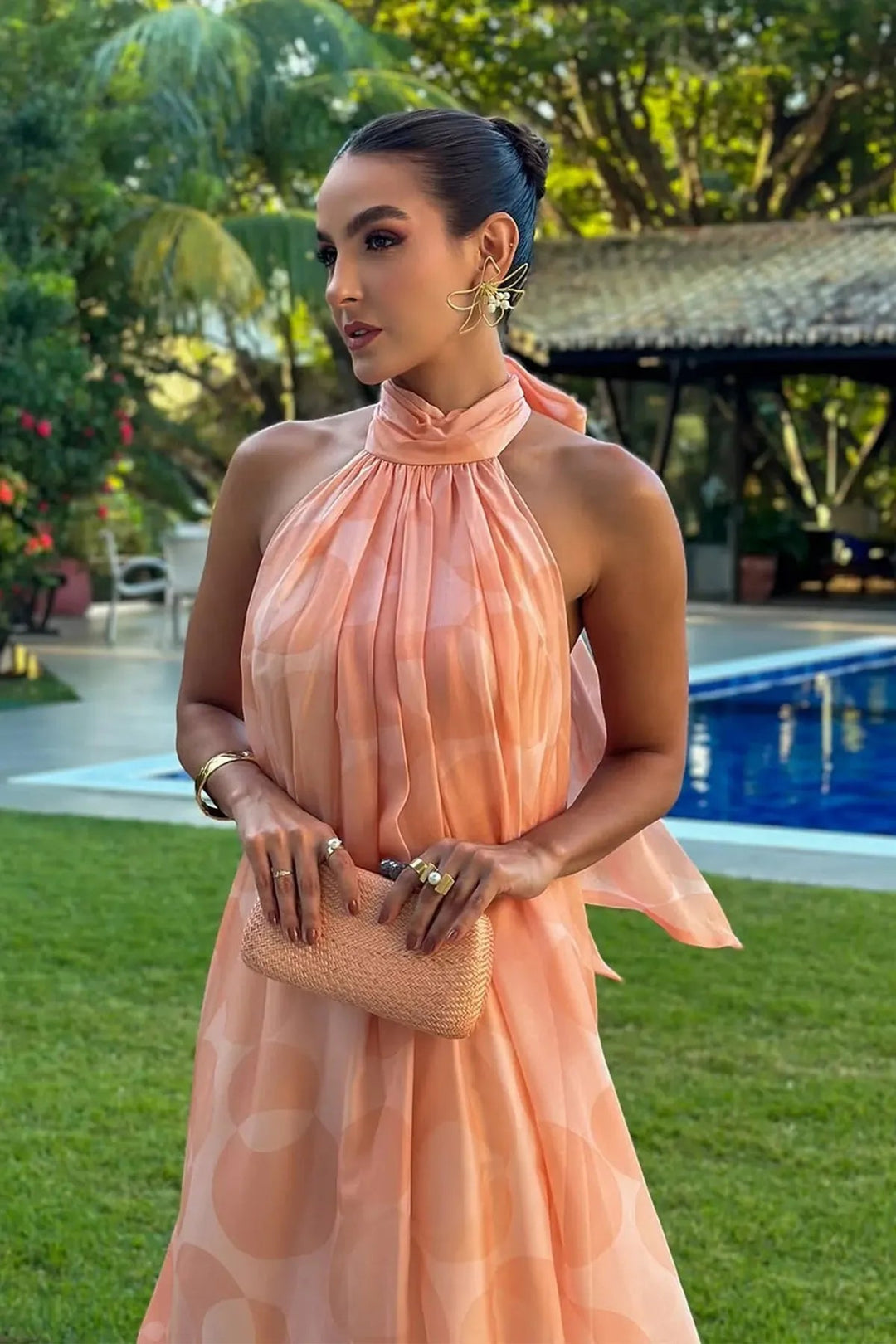 Printed Halter Neck Wedding Guest Maxi Dress