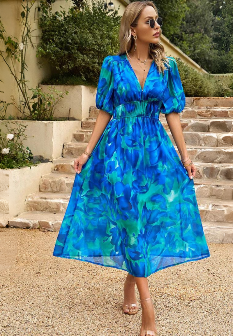 Elegant Floral Party Midi Dress with Puff Sleeves