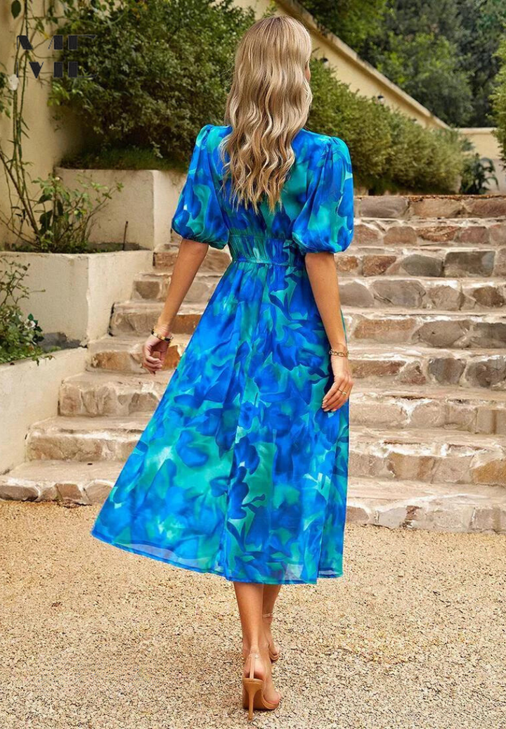 Elegant Floral Party Midi Dress with Puff Sleeves
