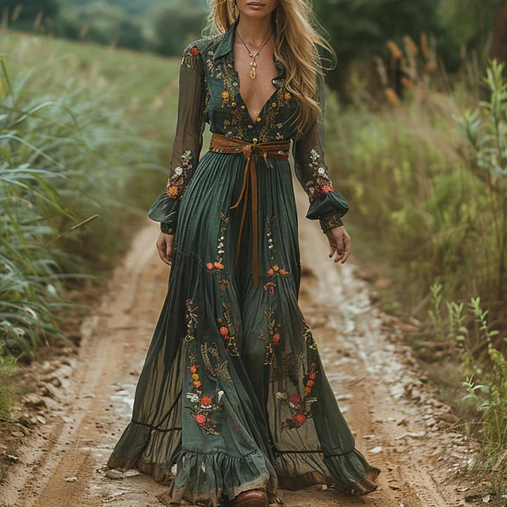 Women's Bohemian Dress | Belted Waist V Neckline