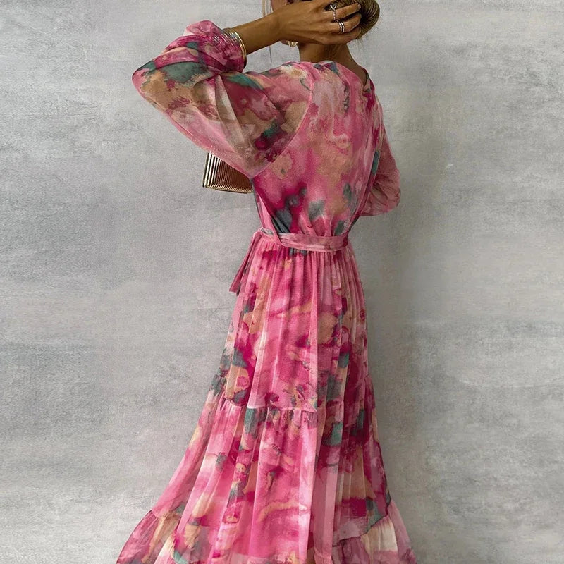 Women’s Dress | Long Sleeve V-Neck Tie Waist
