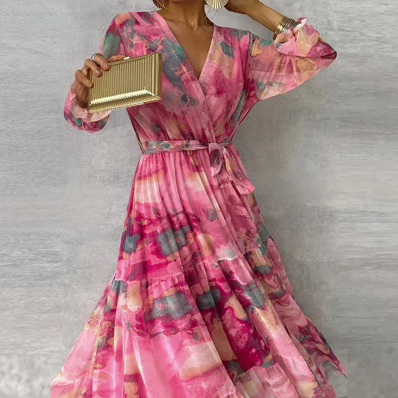 Women’s Dress | Long Sleeve V-Neck Tie Waist
