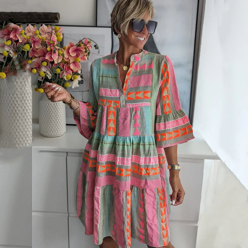 Women's Spring Dress | Geometric Print Tiered Skirt