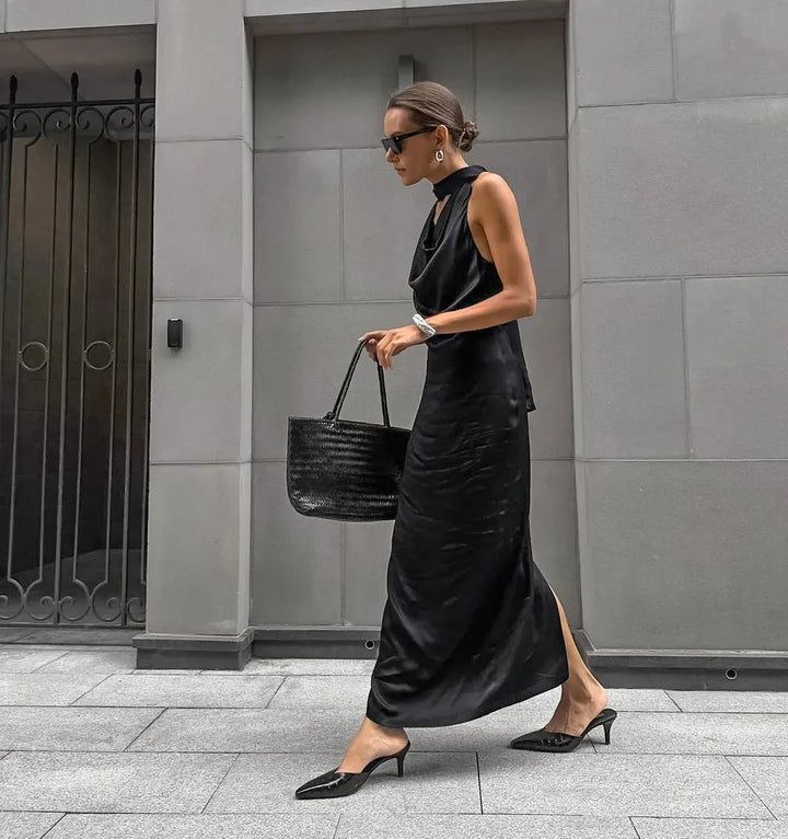 Black Satin Halter Wedding Guests Maxi Dress
