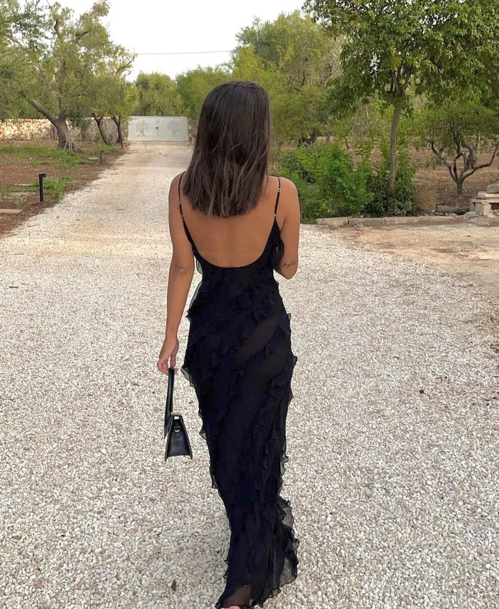 Romantic Ruffle Chiffon Evening Gown Maxi Dress