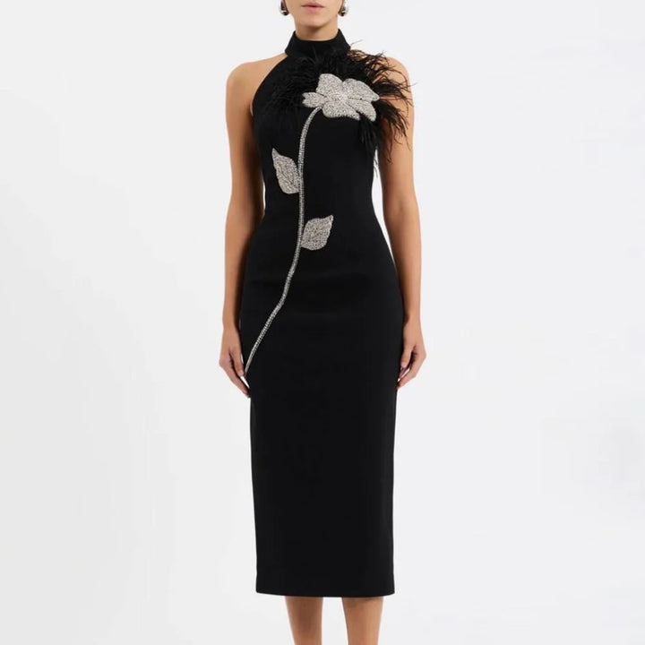 Backless Feather Embellished Midi Dress