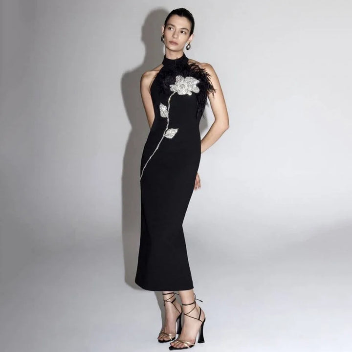 Backless Feather Embellished Midi Dress
