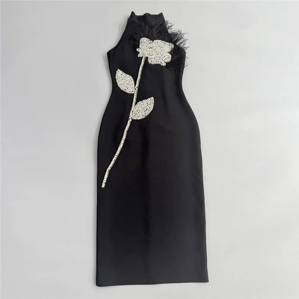 Backless Feather Embellished Midi Dress