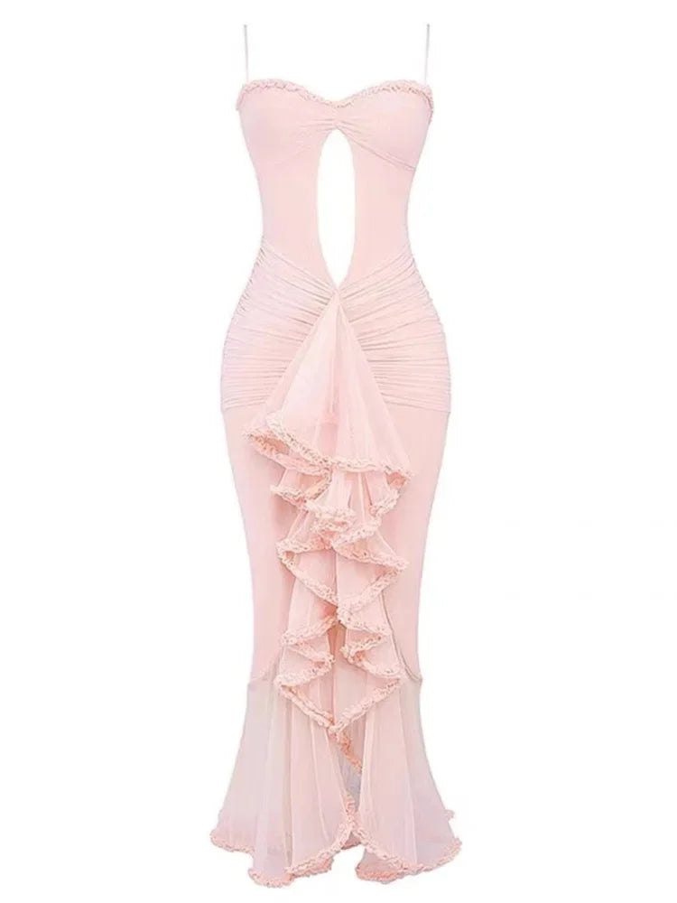 Ruched Cut Out Maxi Dress with Asymmetric Hem Detail