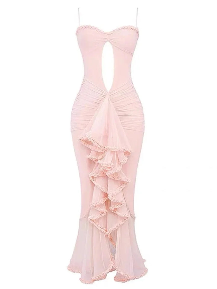 Ruched Cut Out Maxi Dress with Asymmetric Hem Detail