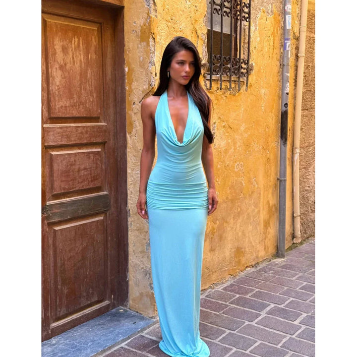 Halter Neck Backless Maxi Dress with Ring Detail