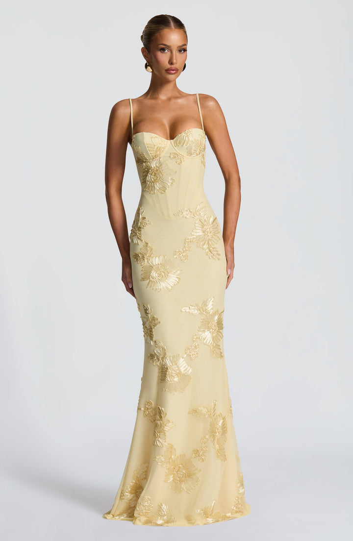 Floral Jacquard Wedding Guest Corset Maxi Dress