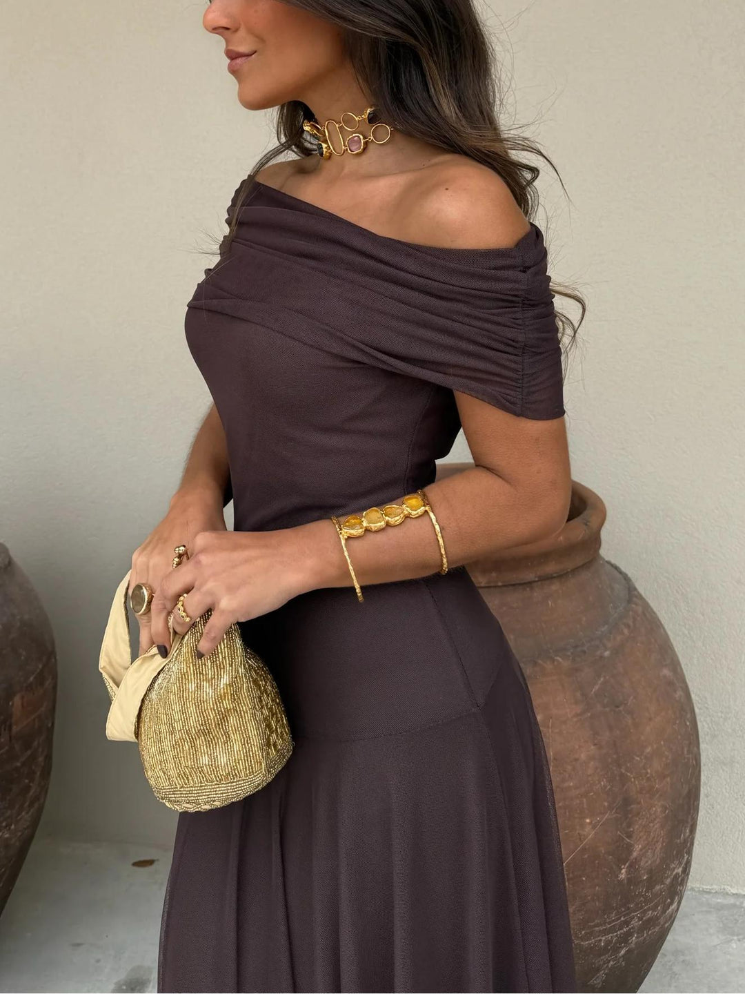 Off Shoulder Chiffon Maxi Dress
